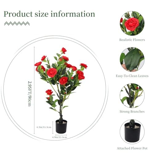 2 Pack Artificial Camellia Tree, 36" Red Faux Camellia Plant, Fake Indoor Outdoor Tree for Home, Office, Porch, Living Room, Red - Thumbnail 2