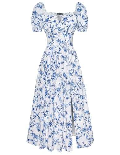 Scarlet Darkness Floral Long Dress for Women with Slit Square Neck Short Sleeve Summer Flowy Dress White Deep-Blue Floral XL - Image 1