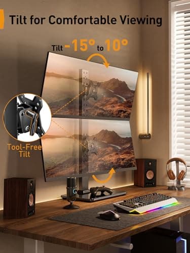 Perlegear Monitor Stand, Dual Monitor Mount for Two 13-40 inch Screens, Vertical Monitor Stand with 360 Degree Rotation, Swivel and Tilt, 13 Height Settings, Max VESA 100x100mm, PGTVS30 - Thumbnail 3