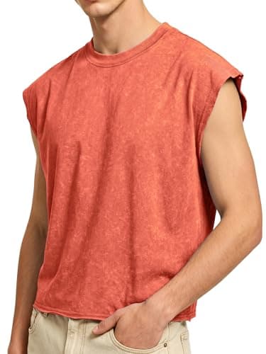 PLEPAN Men's Cropped Cotton Sleeveless Tank Tops Streetwear Washed Vintage Muscle Tee Shirts Red XX-Large - Image 1