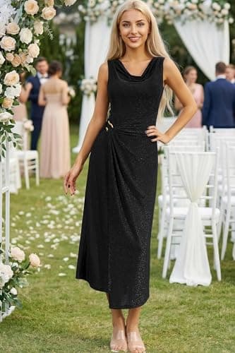 Autumn Flowerwall Women's Sleeveless Bodycon Midi Dress with Metal Buckle Elegant Cowl Neck Ruched Waist Wedding Guest Cocktail Formal Party Slit Dress Black Medium - Thumbnail 5