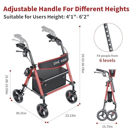 UNLICON Rollator Walkers with Seat, Rollator Walker with Durable, 8'' Big Wheels, 350 lb. Weight Capacity, Adjustable Handles and Seat Height ，Lightweight Rolling Walker for Seniors-Red - Thumbnail 4