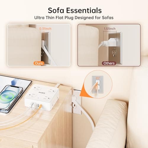6.5Ft Power Strip with Surge Protector, 8 Outlets 4 USB Ports Extension Cord, Flat Plug Charging Station for Home Office Desk & College Dorm Essentials, White - Thumbnail 5