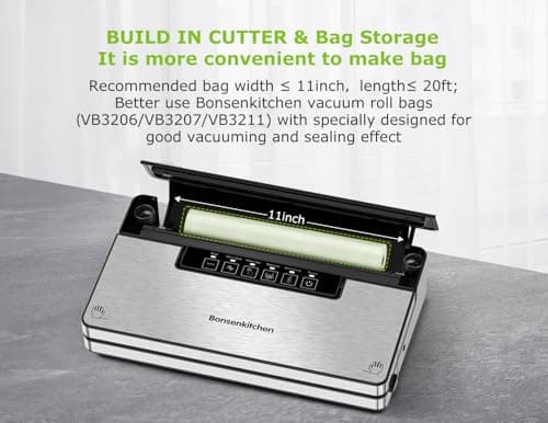 Bonsenkitchen Vacuum Sealer Machine, Stainless Steel Food Sealer Vacuum Sealers with 1 Roll & 5 Bags, 5 Food Vacuum Modes, Built-in Cutter & Bag Storage (Silver Black) - Thumbnail 6