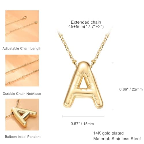 BOLAGTIER Bubble Letter Necklace Gold Plated Balloon Initial Chunky Bubble Alphabet Pendant Necklace Trendy Jewelry Gift for Women (W, Gold) - Thumbnail 3
