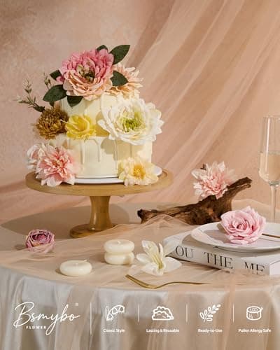 BSMYBO Artificial Flowers Combo Light Pink Silk Flowers Mix Fake Rose Dahlia with Stems for Wedding Bridal Bouquets Baby Shower Cake Floral Arrangement Table Centerpieces Home Decorations - Thumbnail 4