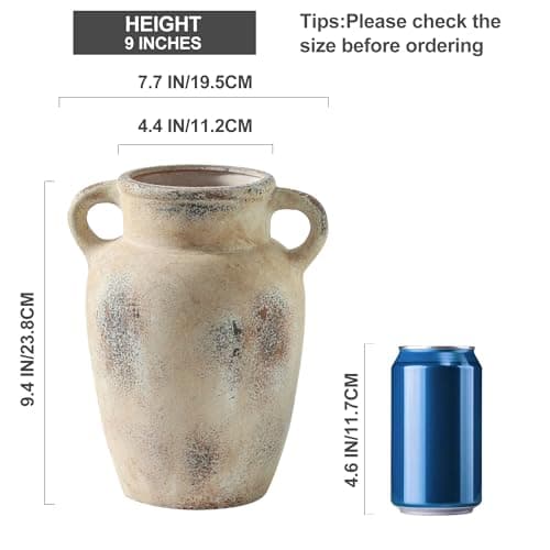 Farmhouse Ceramic Vase with Handle,9.7 inch Handcrafted Vintage Terracotta Pottery Vases for Shelf Decor, Coffee Table Styling, or Bedroom Accent - Thumbnail 3