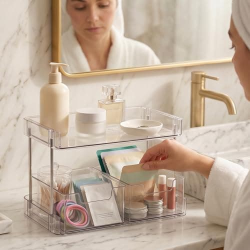 JessLab Clear Makeup Organizer, 2-Tier Vanity Storage with Removable Drawers, Large Capacity Cosmetic Rack for Tall Bottles, Perfume, Lipstick, Bathroom Countertop - Thumbnail 5