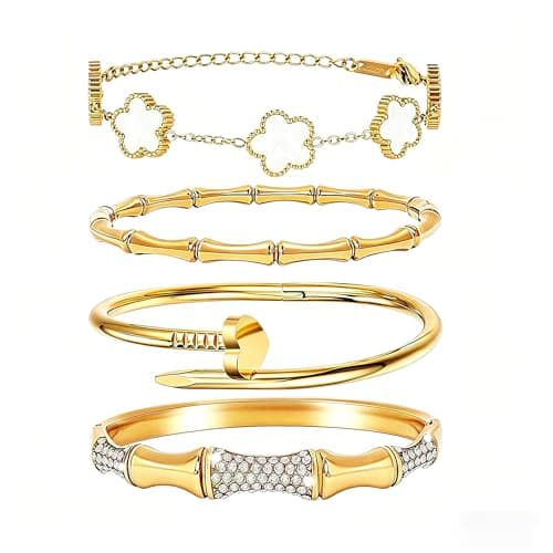Womens Stackable Floral Gold Bracelets - 4Pcs 18K Gold Plated Bracelet,Stainless Steel Bangle Bracelets Non Tarnish,Gold Bracelet Set Fashion Jewelry,Valentines Birthday Christmas Jewelry Gifts - Image 1