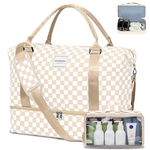 WOOMADA Weekender Overnight Bag for Women, Carry on Shoulder Travel Duffel with Shoes Compartment,Gym Bag with Toiletry Bag(beige checkerboard) - Image 1