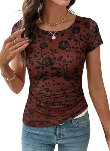 SHEWIN Womens Shirts Crew Neck Womens Short Sleeve Tops Casual Floral Mesh Top Women Lightweight Shirts for Women Pullover Spring Tops for Women,(US 4-6) S,Brown - Image 1