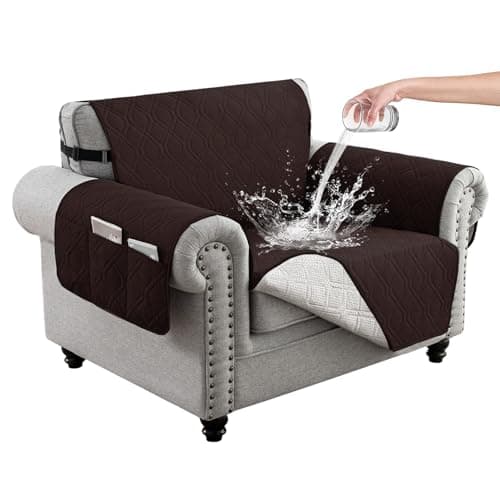 Eusalioy 100% Waterproof Couch Cover for Armchair, Anti-Slip Washable Sofa Cover with Elastic Straps & Side Pockets, Durable Furniture Protector for Kids, Pets & Dogs (23", Chocolate)