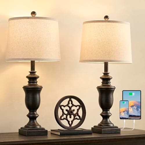 SAIWEYA 27.5" Vintage Farmhouse Table Lamps Set of 2 Bedside Lamp, 3 Way Dimmable Bedroom Lamps with 2 USB Ports +AC Outlet Nightstand Lamp Rustic Lamp - Image 1