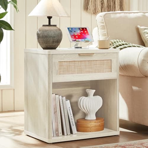 LEYAOYAO Rattan Nightstand with Charging Station, Grey White Night Stand with Drawer, 23" Wide Boho Bedside Table with Storage Shelf, Bed Side End Tables for Bedroom, Living Room, Hallway - Thumbnail 6