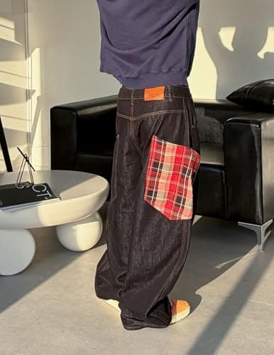 Aelfric Eden Baggy Barrel Jeans Plaid Big Pocket Wide Leg Denim Pants Unisex Casual Oversized Y2K Streetwear Hip Hop Jeans Black 30 - Thumbnail 3