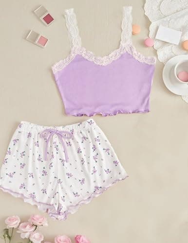 Girece Pajamas for Women Set Shorts Summer Lounge Sets Lingerie Sexy Sets Cute Pjs Floral Lace Trim Sleepwear Comfy Night Wear(Purple,XXL) - Thumbnail 6