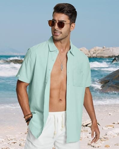 JEKAOYI Button Down Linen Shirts for Men Short Sleeves Cotton Casual Shirt with Pockets for Summer Beach Mint Blue - Thumbnail 3