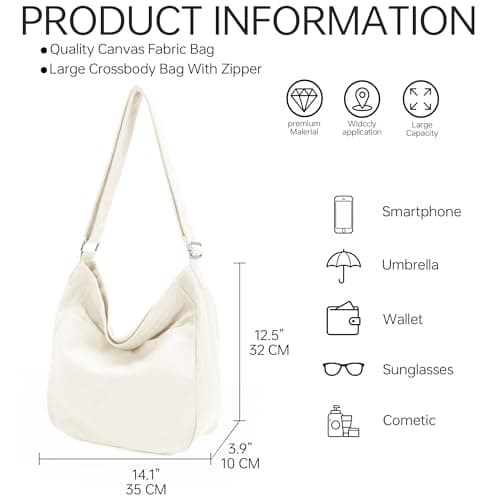 GEMIU Large Crossbody Bags for Women Canvas Hobo Tote Bags with Muti-Pockets and Zipper White - Thumbnail 4