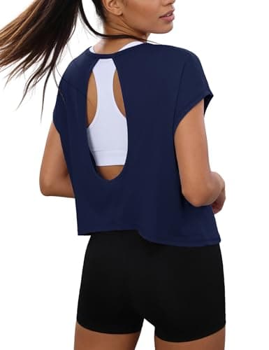 Totatuit Gym Shirts Woman Cropped Boxy Loose Fit Workout Tank Tops Trendy Backless Athletic Clothes Cute Cap Sleeve Summer Tee Navy Blue Small - Image 1