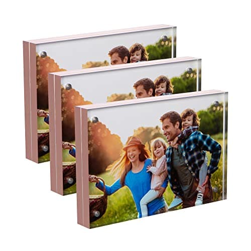 SimbaLux Magnetic Acrylic Picture Photo Frame 4x6 inches (3 Pack), Clear Glass Like with Rose Gold Edge Trim, Double Sided Frameless Desktop Floating Display, Free Standing, Easy to Change - Image 1