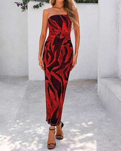 BTFBM Women Summer Strapless Maxi Dress 2026 Bodycon Floral Long Wedding Guest Dress Formal Tube Mesh Cocktail Dresses(Floral Red, Large) - Thumbnail 2
