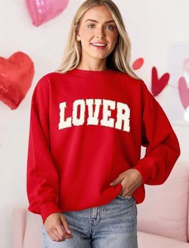 MAPICK Lover Sweatshirt for Women Long Sleeve Glitter Chenille Patch Letter Oversized Crewneck Tee Tops(Red, Small) - Thumbnail 3