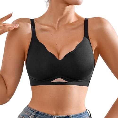 DEANGELMON Scalloped V Neck Wireless Bras for Women Seamless No Underwire Full Coverage Push Up Bras Soft Comfort Bralettes(Black,XL) - Image 1