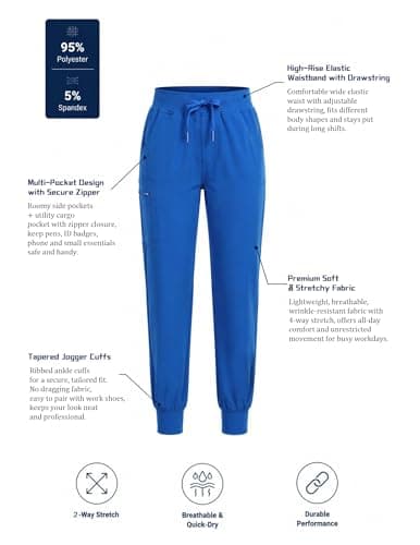 VECARDI Women's Scrub Jogger Pants High Waisted Stretch Nurse Work Bottoms 5 Pockets Elastic Waist Slim Fit Royal Blue - Thumbnail 5