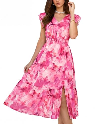 GRACE KARIN 2026 Womens Summer Dresses V Neck Ruffle Sleeve Floral Boho Beach A-Line Dress Rose Red-Floral Print X-Large - Image 1
