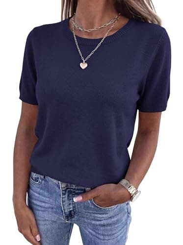 BTFBM Women's Short Sleeve Sweaters 2026 Summer Crew Neck Knit Work Shirts Business Casual Tops Basic Fall Fashion Clothing(Navy Blue, Large) - Thumbnail 6