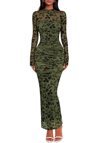 Lazysmile Women's Long Sleeve Floral Bodycon Maxi Dress 2026 Elegant Ruched Mesh Formal Cocktail Party Wedding Guest Dresses Army Green - Image 1