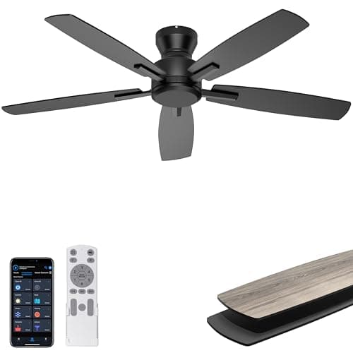 Ohniyou 52 Inch Ceiling Fan No Light, Low Profile Ceiling Fan with Remote and App Control, Flush Mount Ceiling Fan without Light for Bedroom Living Room Covered Patios, Quiet DC Motor, Black - Image 1