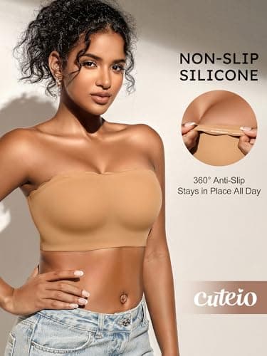 Strapless Bras for Women - Unlined Bandeau for Natural Shape, Wireless Pull-On Bra, Comfy Seamless Bralette No Underwire Skin M - Thumbnail 2