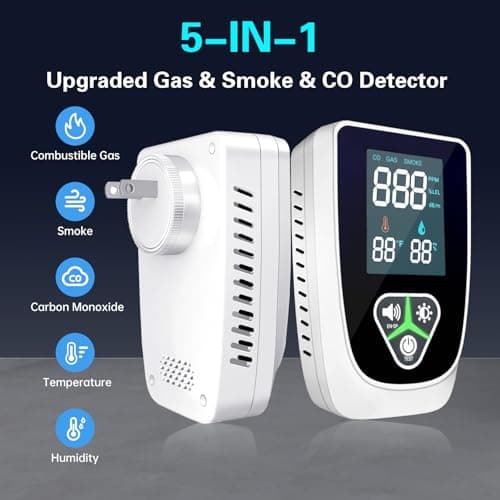 5-in-1 Plug in Gas & Smoke & Carbon Monoxide Detector, Combination CO Alarm with Temperature(°F) & Humidity HD Screen Supports English/Spanish Ideal for Home, RVs, Apartment - Thumbnail 2
