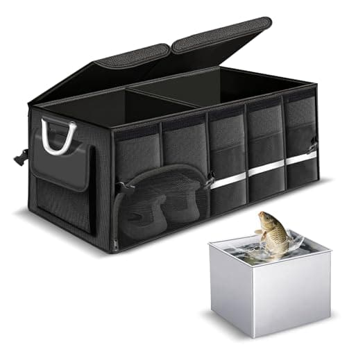 Zrgzob Car Trunk Organizer, 1680D Waterproof Oxford, Collapsible Waterproof Car Organizer Storage with Foldable Cover, Reflective Strip, 4 Mesh Pockets for SUV, Truck, Sedan, Camping, Road Trip (92L) - Image 1