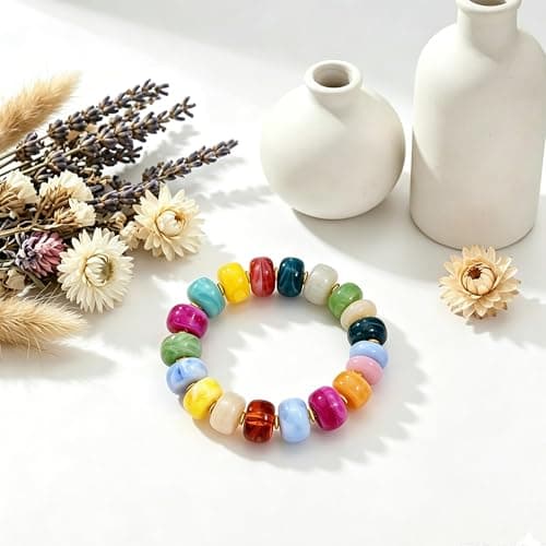 chorfla Colorful Beaded Bracelets for Women, Boho Rainbow Chunky Resin Elastic Stretch Bracelet, Vibrant Summer Beach Jewelry Gift - Thumbnail 6