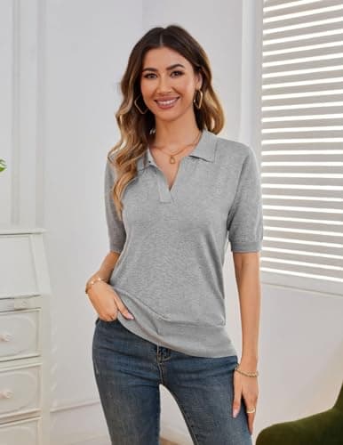 Kate Kasin Women Short Sleeve Polo Sweater Tops Lightweight Summer V Neck Soft Knit Pullover Shirt Light Gray S - Thumbnail 2