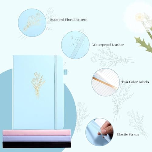 Lined Journal Notebook for Women Cute Leather Journaling Notebooks for Writing 192 Pages A5 Hardcover Aesthetic Floral Diary, 5.7 x 8.3 in, Blue - Thumbnail 5