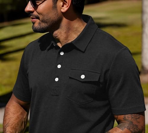 JEMLDL Men Short Sleeve Polo Shirts Stretch Slim Fit Shirt with Pocket Business Casual Summer Work Comfort T-Shirt Black M - Thumbnail 2
