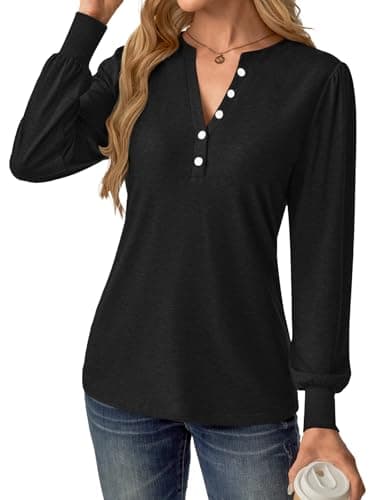 GKBK Women's Puff Long Sleeve Tunic V Neck Button Blouses Fall Tops Trendy Dressy Casual Business Henley Shirts Black XXL - Thumbnail 5