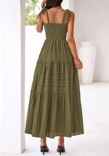 BTFBM Women's 2026 Spring Boho Spaghetti Strap Dress Casual Sleeveless Smocked A Line Beach Sundress Long Maxi Dresses(Army Green, Large) - Thumbnail 3