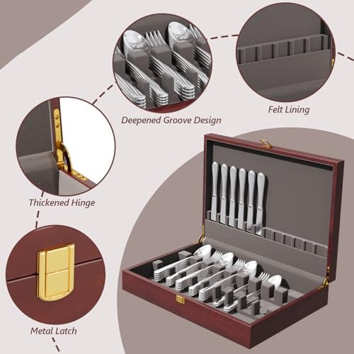 Solid Mahogany Silverware Storage Box,Silverware Chest Case with Lid and Felt Lined,Wood Flatware Storage Box for 12 sets of Utensils,Silverware Boxes for Flatware,Silverware Chest without Silverware - Thumbnail 5