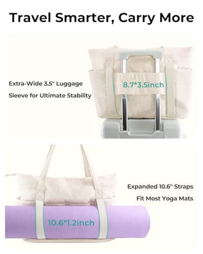 U+U Puffer Tote Bag for Women, Quilted Work Tote with 16" Laptop Sleeve, Luggage Sleeve & Yoga Mat Strap for Travel Gym School,Cream - Thumbnail 3