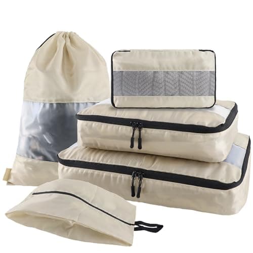 U+U 5 Set Packing Cubes for Travel Essentials Ultralight Luggage Packing Organizers with Laundry Bag and Shoe Bag for Vacation, Business Trip and Camping (Cream)