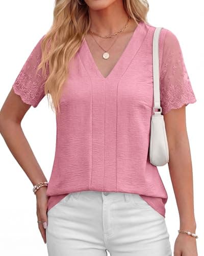 Zenlonr Women Tops Summer 2026 Short Sleeve Shirts Spring Vacation Fashion Dressy Casual Business V Neck Blouses(Pink,Medium) - Thumbnail 2