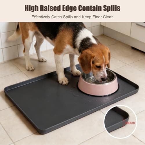 Large Cat Dog Food Mat, 24” X 16” Waterproof Silicone Pet Feeding Mat with Raised Edges, Non-Slip Dog Placemats for Food and Water Bowl, Spill-Proof Mat to Protect Floors, Black - Thumbnail 2