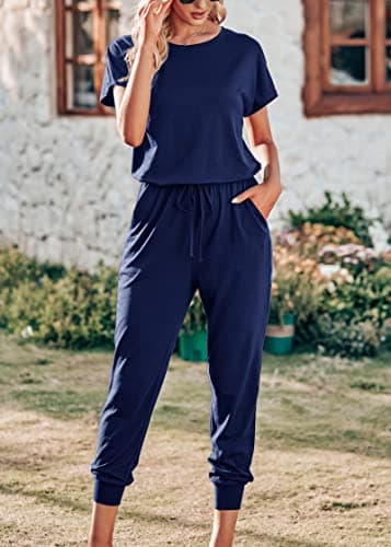 KIRUNDO Jumpsuits for Women Summer 2026 Casual Short Sleeve One Piece Outfits Drawstring Waist Long Pants Romper Jumpers(Navy, Medium) - Thumbnail 2