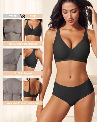 LIIJOO Push Up Bras for Women Wireless Deep V Sports Bra Seamless Comfort Bralette No Underwire Supportive Sexy Lift Everyday Workout Bra（Black,M Size） - Thumbnail 5