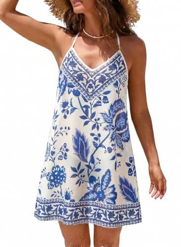 Dokotoo Womens Summer Casual V Neck Sleeveless Mini Dress 2026 Beach Cover Up Sundress Trendy Cute Vacation Clothes Floral Ruffle Mini Dresses Blue X-Large - Image 1