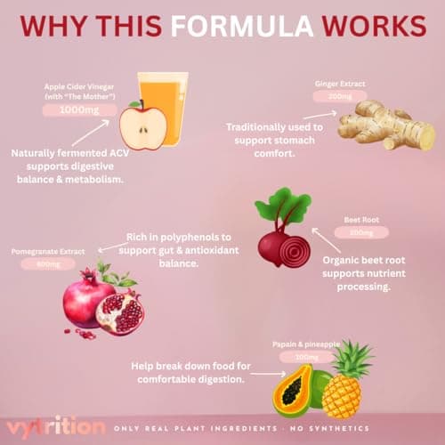 Vytrition Apple Cider Vinegar Gummies Sugar Free – ACV Gummies with The Mother 1000mg – Keto Friendly – Vegan – Supports Appetite Control & Weight Management – Organic Beetroot – 30 Day Supply - Thumbnail 3